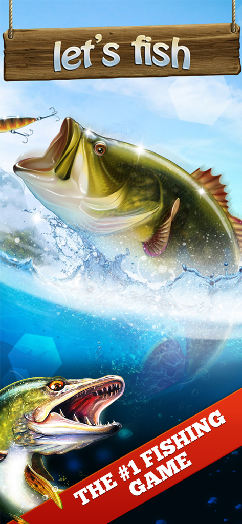 Póster promocional de los juegos de pesca deportiva Let's Fish con un pez realista saltando del agua.