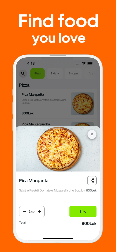 ToGo: Food Delivery - Smartphone screen of ToGo app displaying a Margarita pizza menu item with the text Find food you love