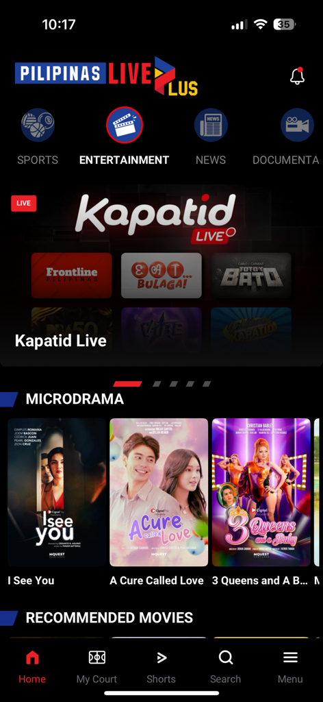Pilipinas Live Plus - Interface da aplicação Pilipinas Live Plus mostrando canais de entretenimento filipinos e pósteres de micro-dramas