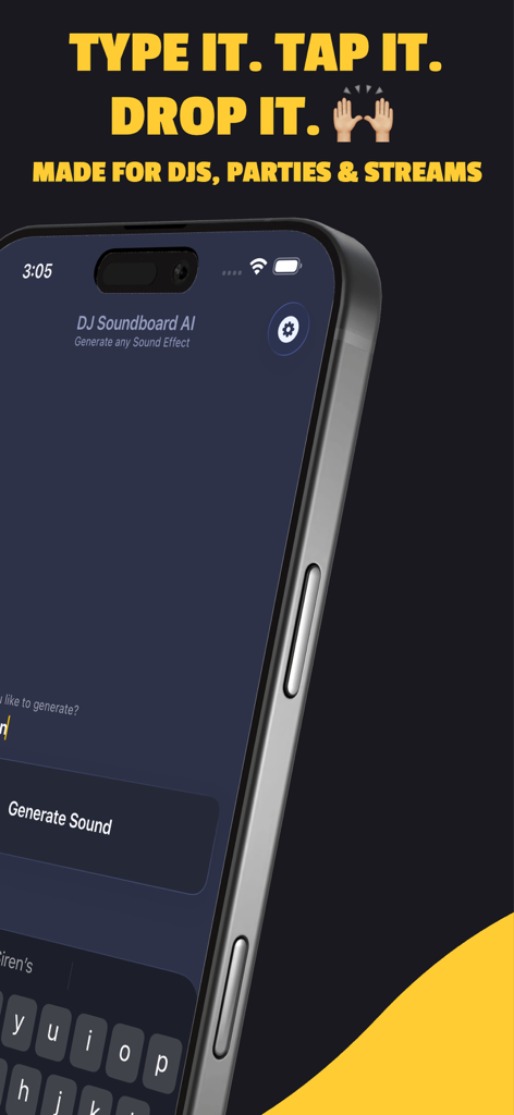 DJ Soundboard - Smartphone screen showing the DJ Soundboard AI interface with text prompting for sound effect generation