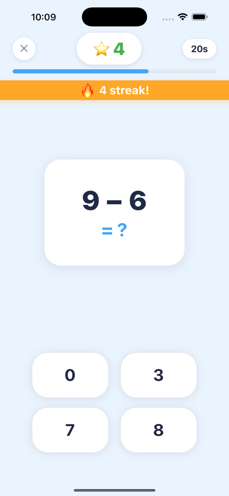 Math Sprint Arithmetic - Interface of Math Sprint app showing a subtraction problem with a four point streak and a countdown timer.