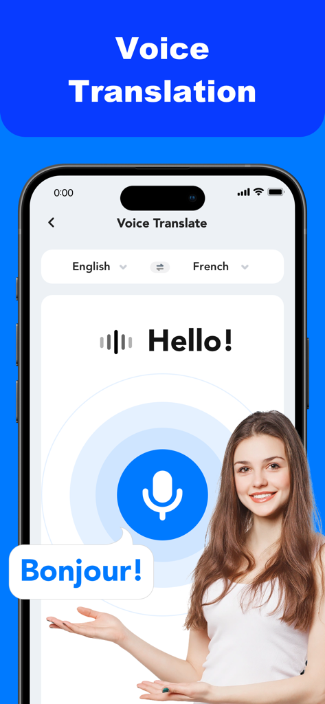 Translation Book:AI Translator - Interface de l'application Translation Book montrant la traduction vocale de l'anglais Hello en français Bonjour avec une icône de microphone