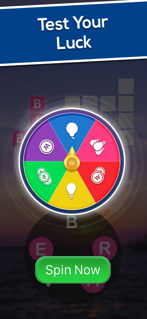 Crossword Jam: Fun Word Search - A colorful in-game prize wheel in Crossword Jam showing rewards like hints and coins with a Spin Now button.