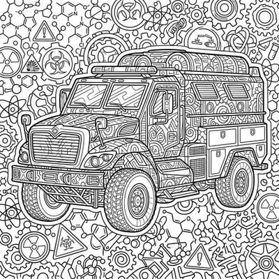 Embark on a detailed coloring adventure with this complex Hazmat Vehicle, designed specifically for adults. Every inch, from the vehicle's specialized gear to the scientific background, offers a captivating challenge for your artistic skills.