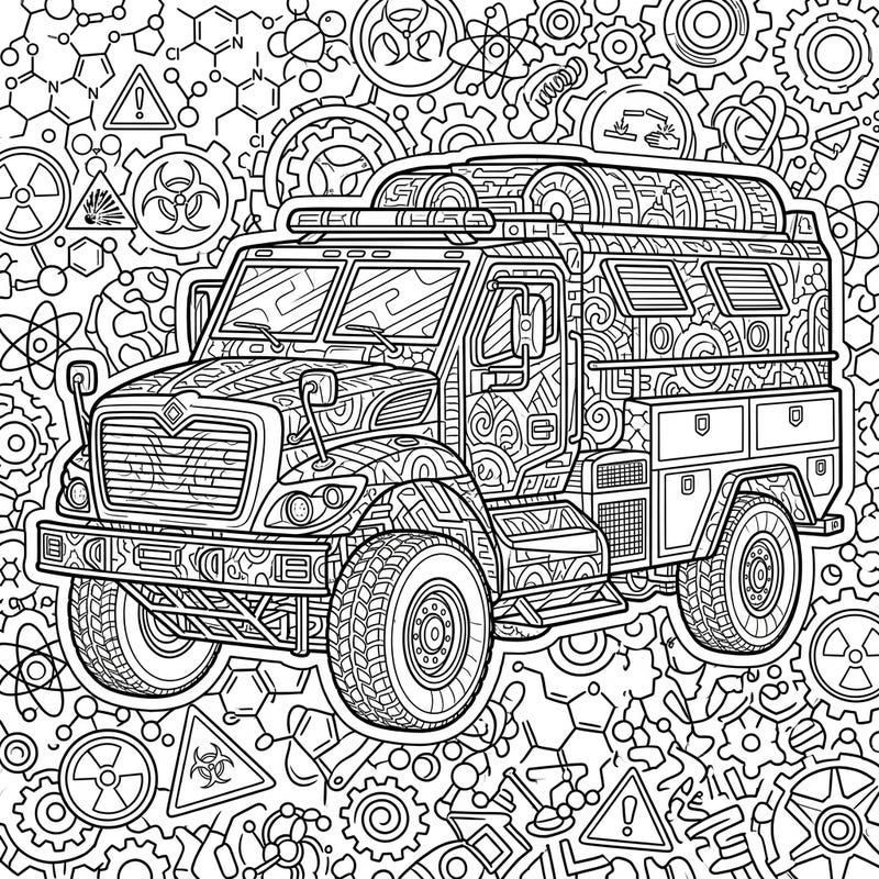 Embark on a detailed coloring adventure with this complex Hazmat Vehicle, designed specifically for adults. Every inch, from the vehicle's specialized gear to the scientific background, offers a captivating challenge for your artistic skills.
