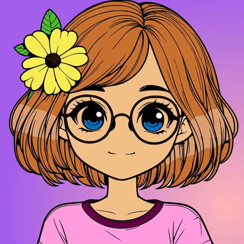 realistic girl with glasses, short hair and a flower in her hair