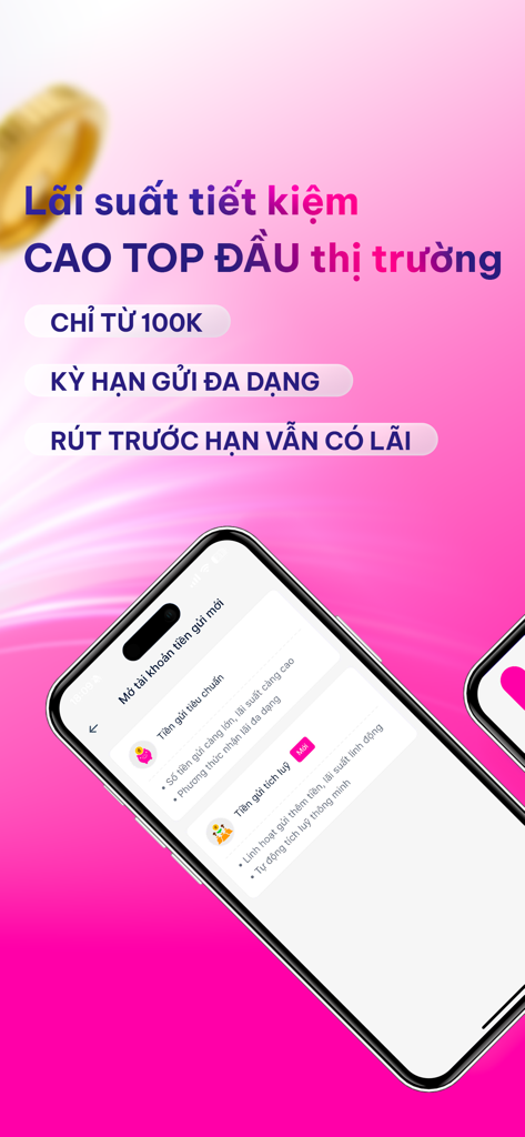 CAKE - Digital Bankin‪g - Interface do aplicativo CAKE Digital Banking exibindo opções de conta poupança com altas taxas de juros e prazos flexíveis