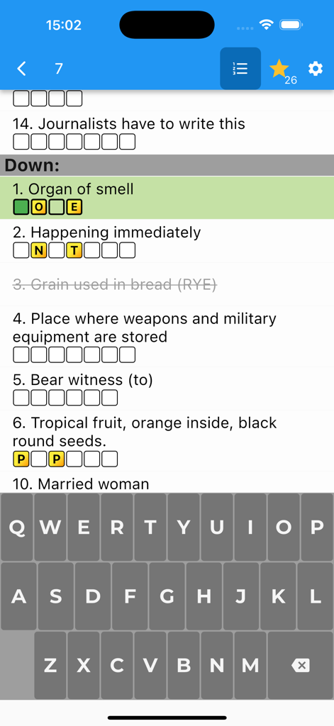 Interfaz de juego de la aplicación Crucigramas Ligeros que muestra pistas y un teclado móvil.