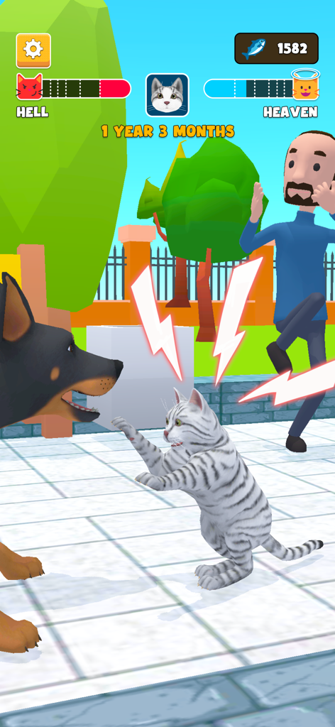 Eine unartige graue Tabby-Katze konfrontiert einen großen Hund im 3D-Simulator-Gameplay mit Himmel- und Höllenbalken