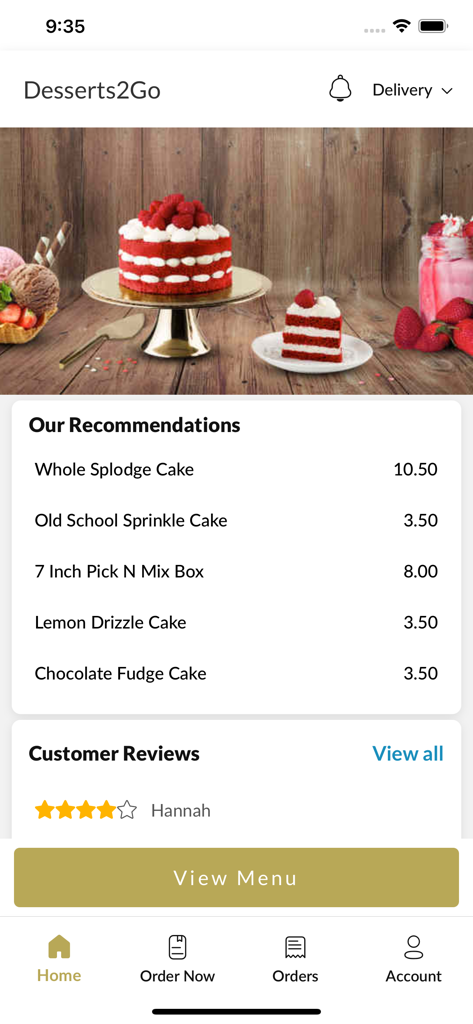 Desserts 2 Go Leicester. - Desserts 2 Go mobile app home screen showing cake recommendations and customer reviews