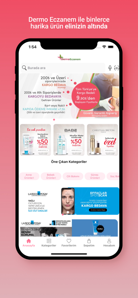 DermoEczanem - DermoEczanem App-Startbildschirm mit Kategorien für Hautpflege- und Wellnessprodukte, Suchleiste und Werbebannern