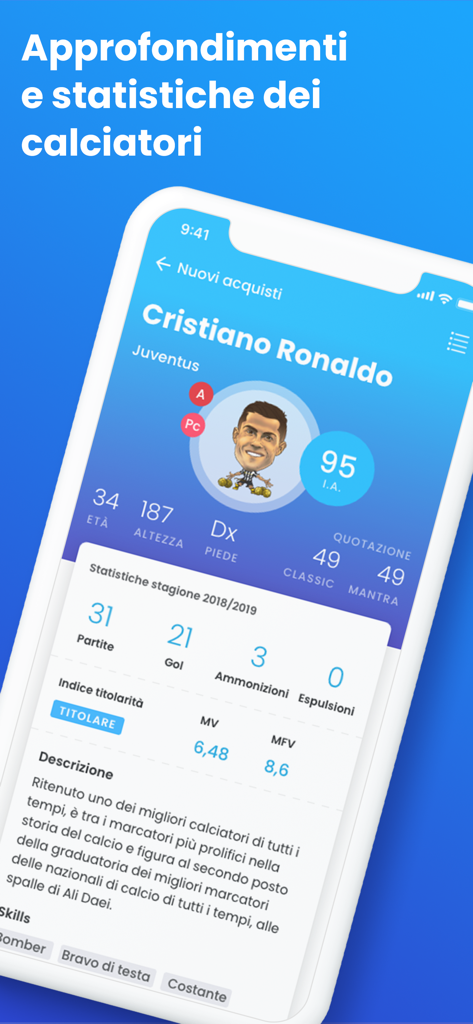Fantacalcio: Guida per l'Asta - Mobile app screen showing detailed player stats and desirability index for Cristiano Ronaldo in the fantasy soccer guide
