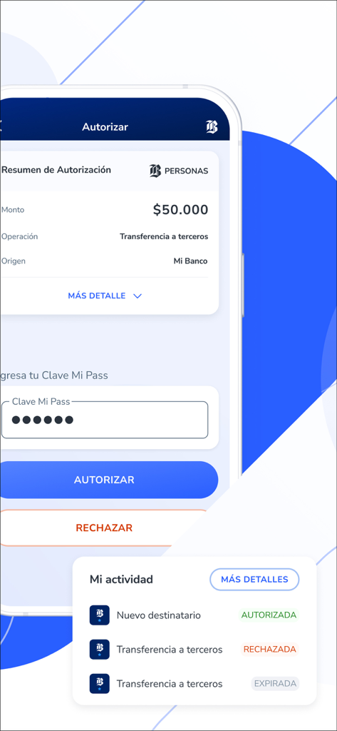Mi_Pass mobile app interface showing a transaction authorization screen with a transfer summary and a secure 6-digit pin entry field.