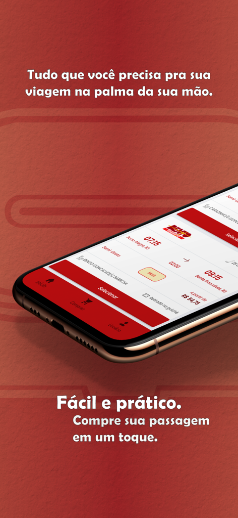 Smartphone displaying bus schedules and ticket purchasing in the Veppo Rodoviária POA app
