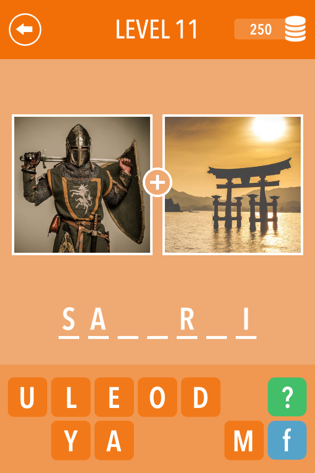 2 Pics ~ Combine and Guess the Word! - Mobile word puzzle game screen showing a knight and a Japanese gate to guess the word samurai
