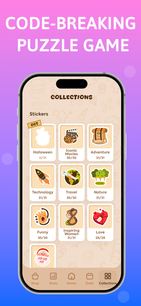Cryptogram: Number & Word Game - Sticker collections screen in the Cryptogram puzzle game app showing themed categories like movies and nature.