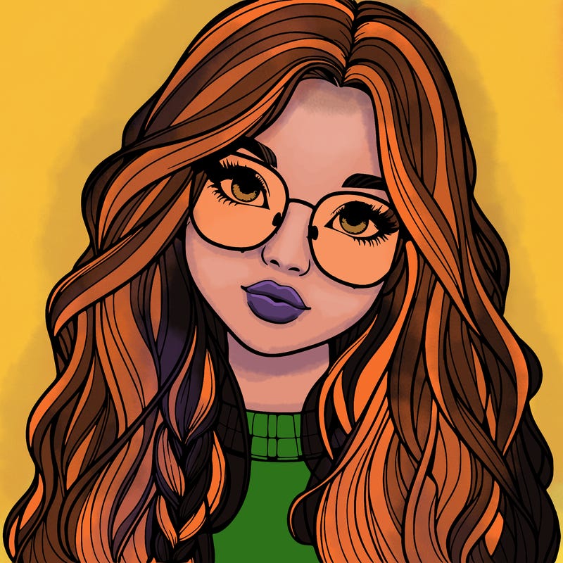 girl with long hair and freckles and glasses realistic