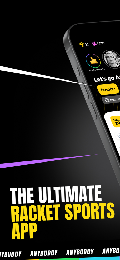 Promotional screen for Anybuddy describing it as the ultimate racket sports app