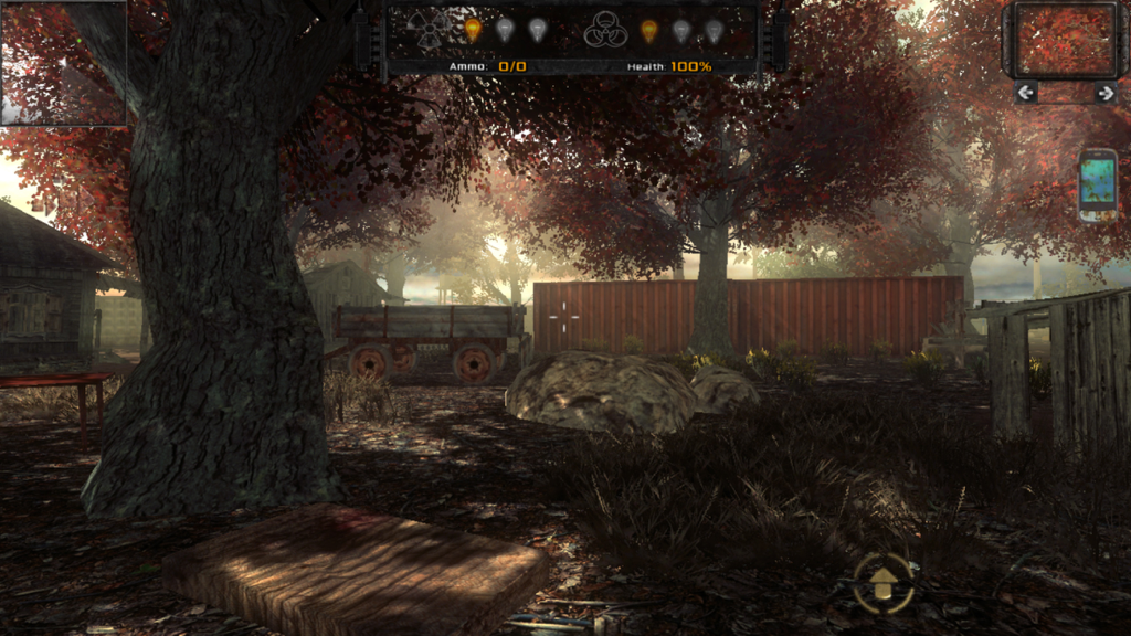 Capture d'écran du gameplay à la première personne de ZONA Project X montrant une forêt post-apocalyptique avec une interface de survie.