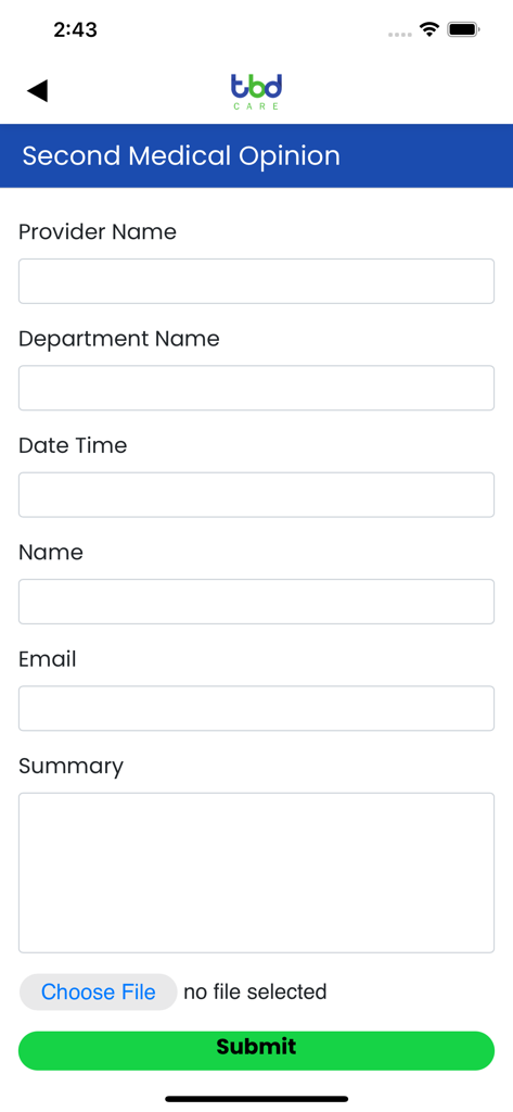 TBD Care App - A mobile interface for the TBD Care app showing a second medical opinion request form with fields for provider name, department, and patient details.