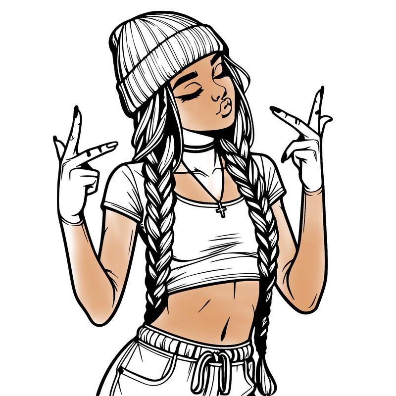 realistic teenage girl with braids and a beanie and crop top doing 🫶🏼