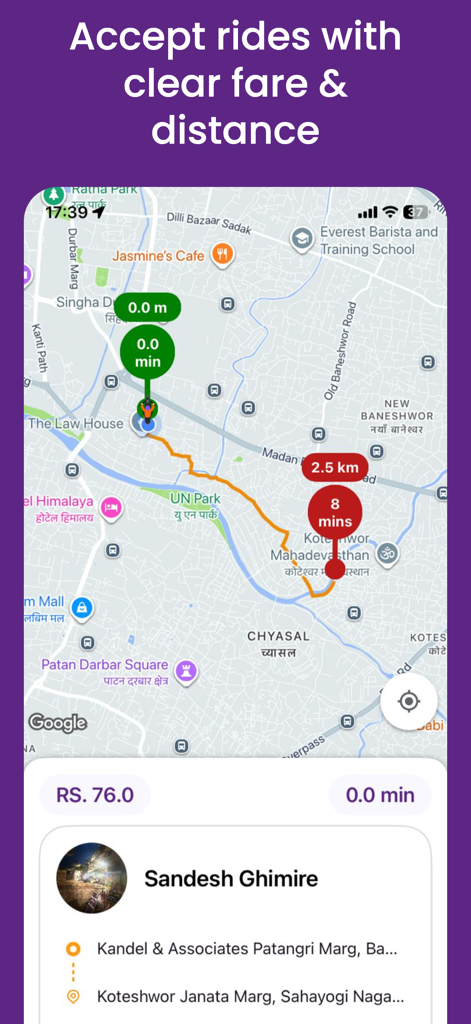 Sajilo Rider - Sajilo Rider app screenshot showing a ride request with a map route, estimated fare in Rupees, and travel distance.