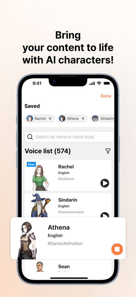 Typecast Lite - AI Voice Maker - Typecast Lite app interface showing a diverse list of AI voice actors including characters like Rachel and Athena for content creation.