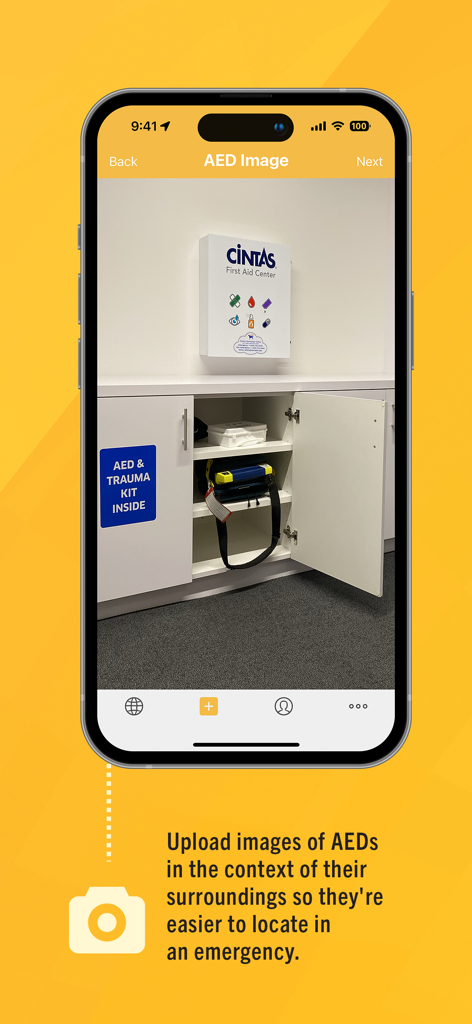 A smartphone showing the PulsePoint AED app screen for uploading a photo of an AED kit location
