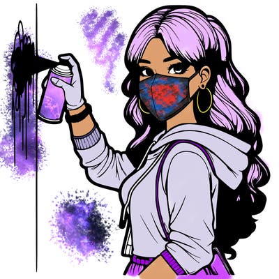 realistic girl with mask spray painting a wall