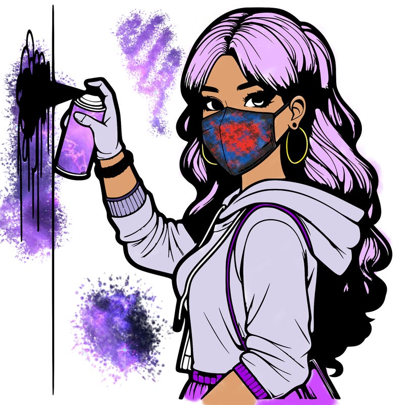 realistic girl with mask spray painting a wall