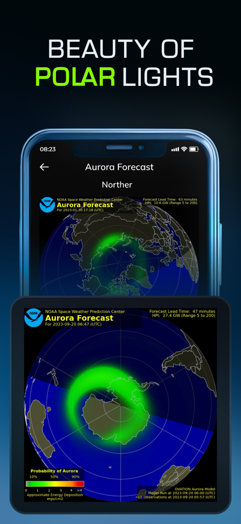 Aurora Alert & Northern Lights - Aurora Alert app displaying interactive Northern Lights forecast maps and probability zones on a smartphone.