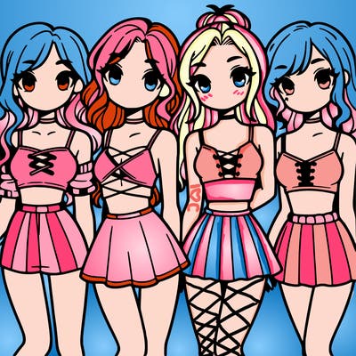 four girls with crop tops and skirts