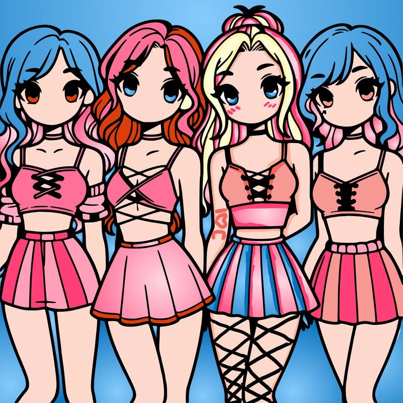 four girls with crop tops and skirts