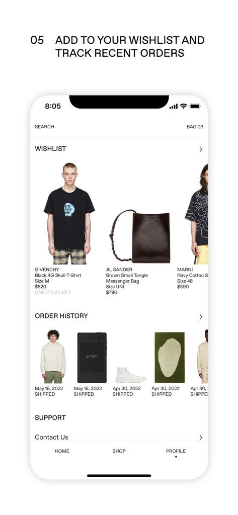 SSENSE app screen displaying user wishlist items and recent order history