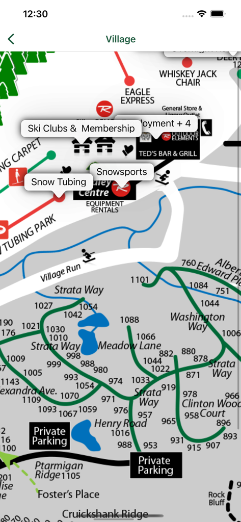 Screenshot der Mt. Washington App, die die Dorfkarte mit Markierungen für Annehmlichkeiten und Parkplätze zeigt.