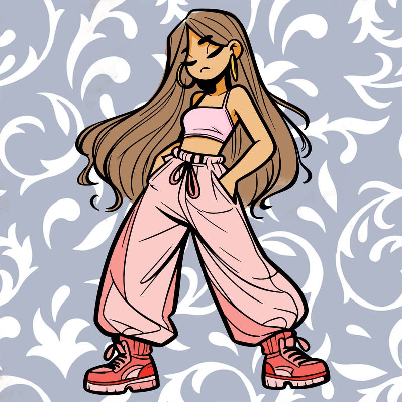girl in baggy pants crop top and long hair