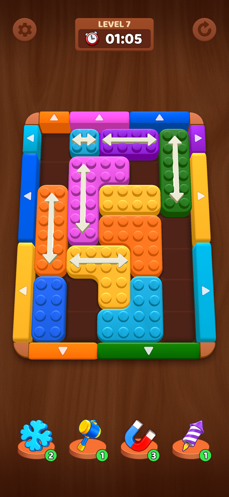 Color Block Puzzle: 3D Jam - A screenshot of a 3D sliding block puzzle game showing colorful blocks with directional arrows and sorting gates