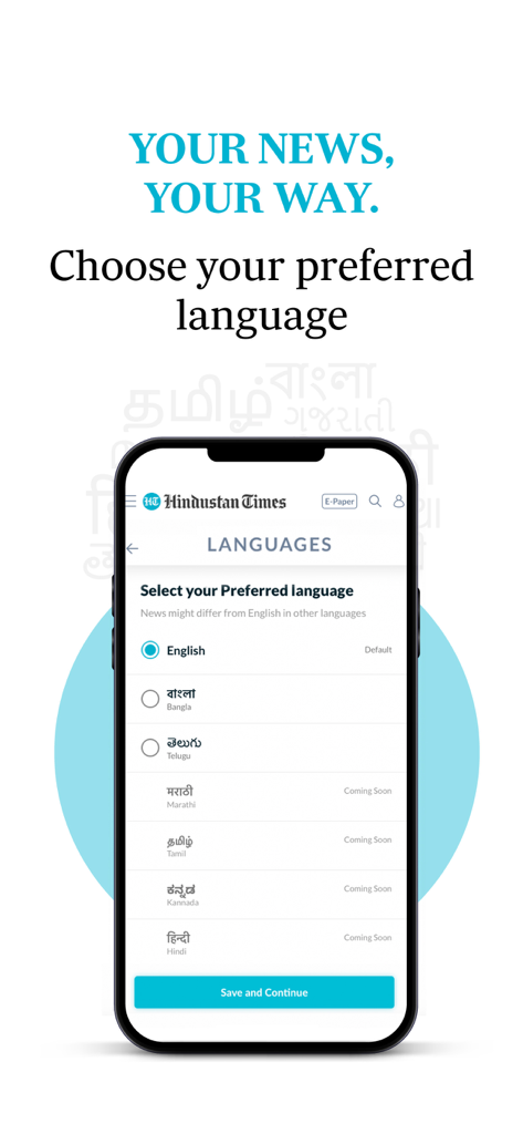 Hindustan Times app screen for choosing news language with options for English Bangla and Telugu