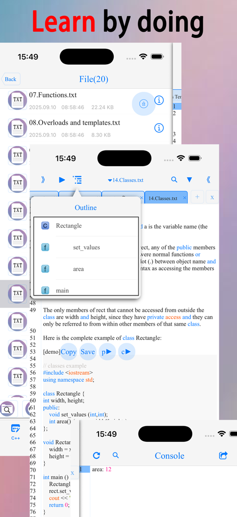 Interface de um aplicativo de programação C e C++ mostrando um editor de código, gerenciador de arquivos e saída do console