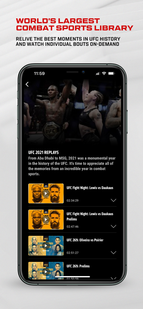 A smartphone showing the UFC app fight library with on-demand replays of historical MMA events