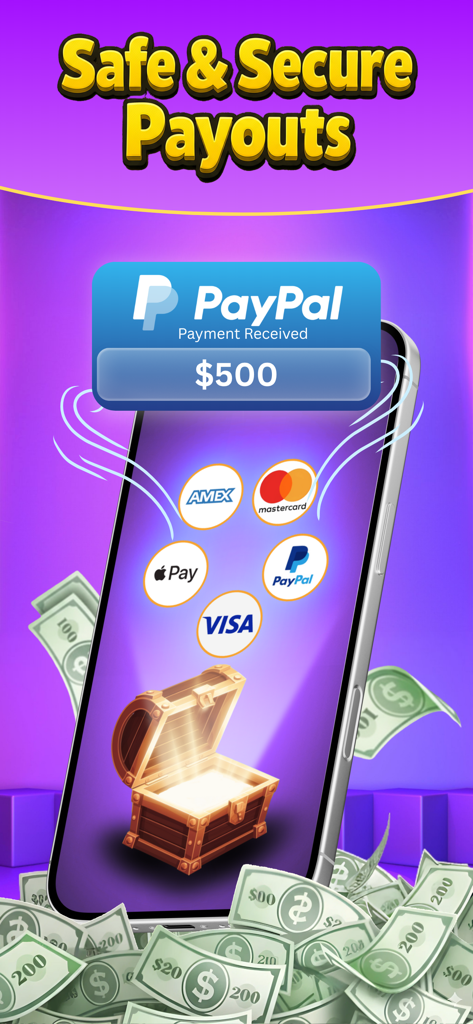 A mobile phone showing a 500 dollar PayPal payment received notification and safe payout methods.