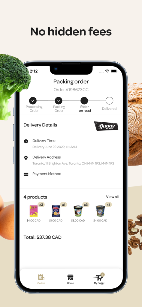 Buggy - A screenshot of the Buggy app showing real-time order tracking for grocery delivery including order status delivery address and total price