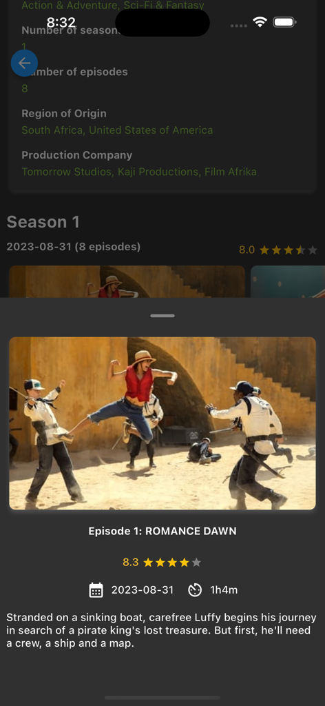 A mobile screen displaying detailed information for a TV show episode in the myFilms app including a description and rating.