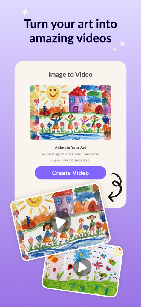 MagicBrew: AI Photo Editor - Interfaccia dell'app MagicBrew che mostra la funzione per trasformare disegni artistici in video animati
