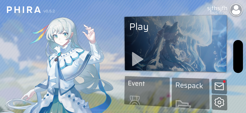 Main menu of the Phira rhythm game featuring an anime character and options for Play and Events