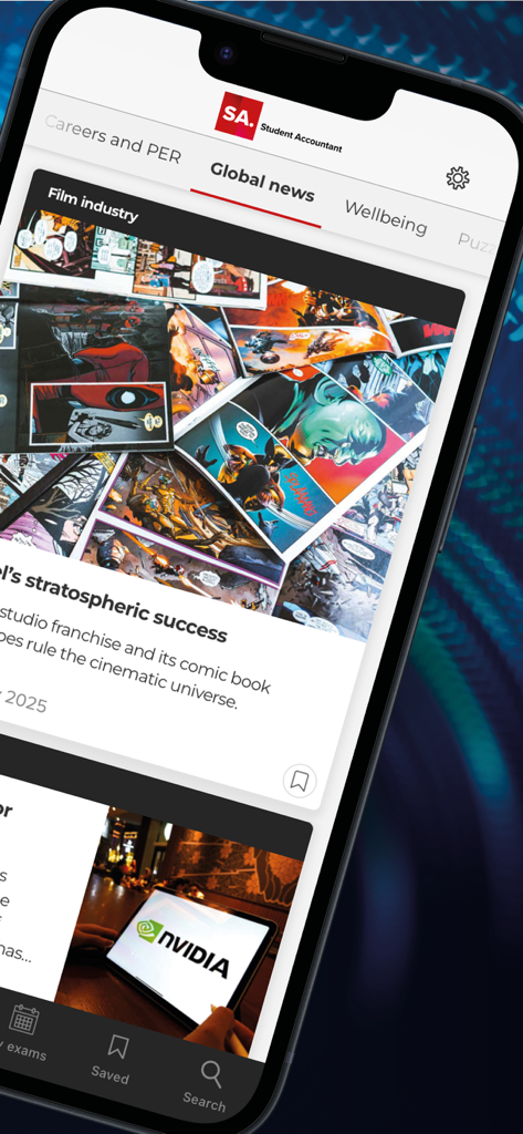 ACCA Student Accountant - Interface of the ACCA Student Accountant app showing a global news feed with business and industry articles.