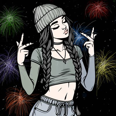 realistic teenage girl with braids and a beanie and crop top doing 🫶🏼