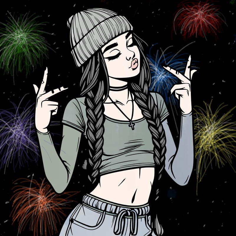 realistic teenage girl with braids and a beanie and crop top doing 🫶🏼