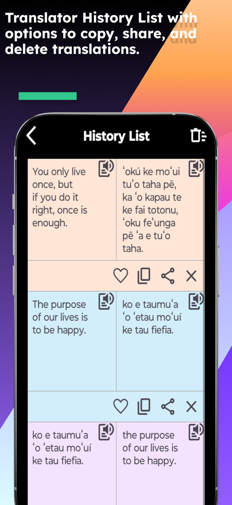 English Tongan Translator - History list screen of the English Tongan Translator app showing translated phrases with options to copy and share.