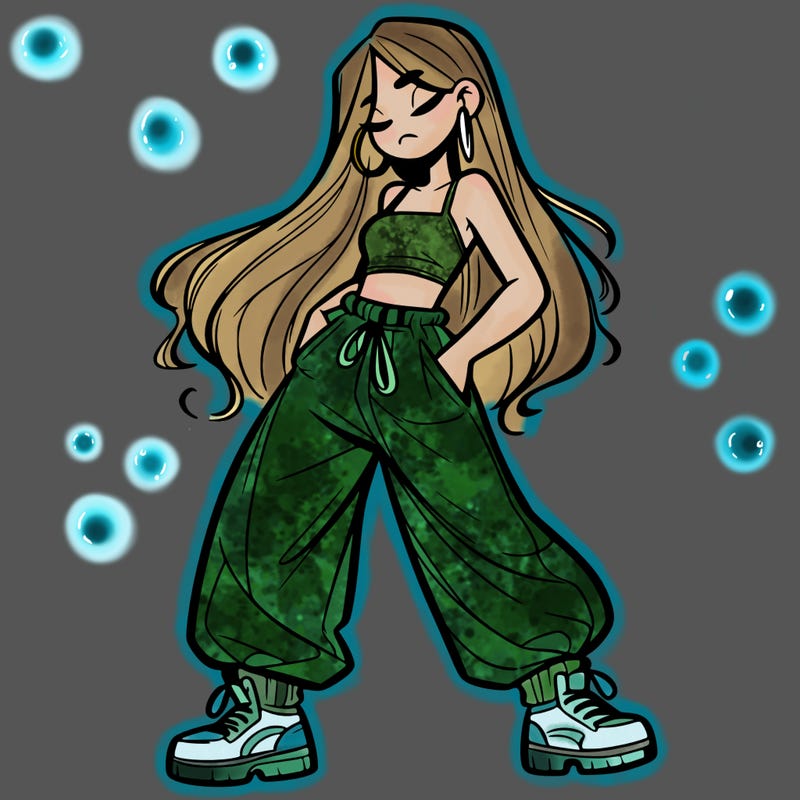 girl in baggy pants crop top and long hair